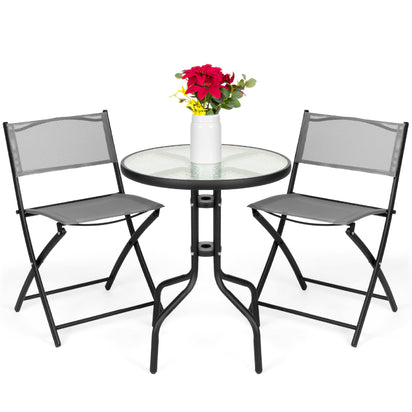 Glass Table, 2 Foldable Chairs